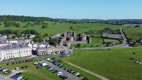 sunny touristic beaumaris castle town aerial view ancient anglesey fortress landmark rising high