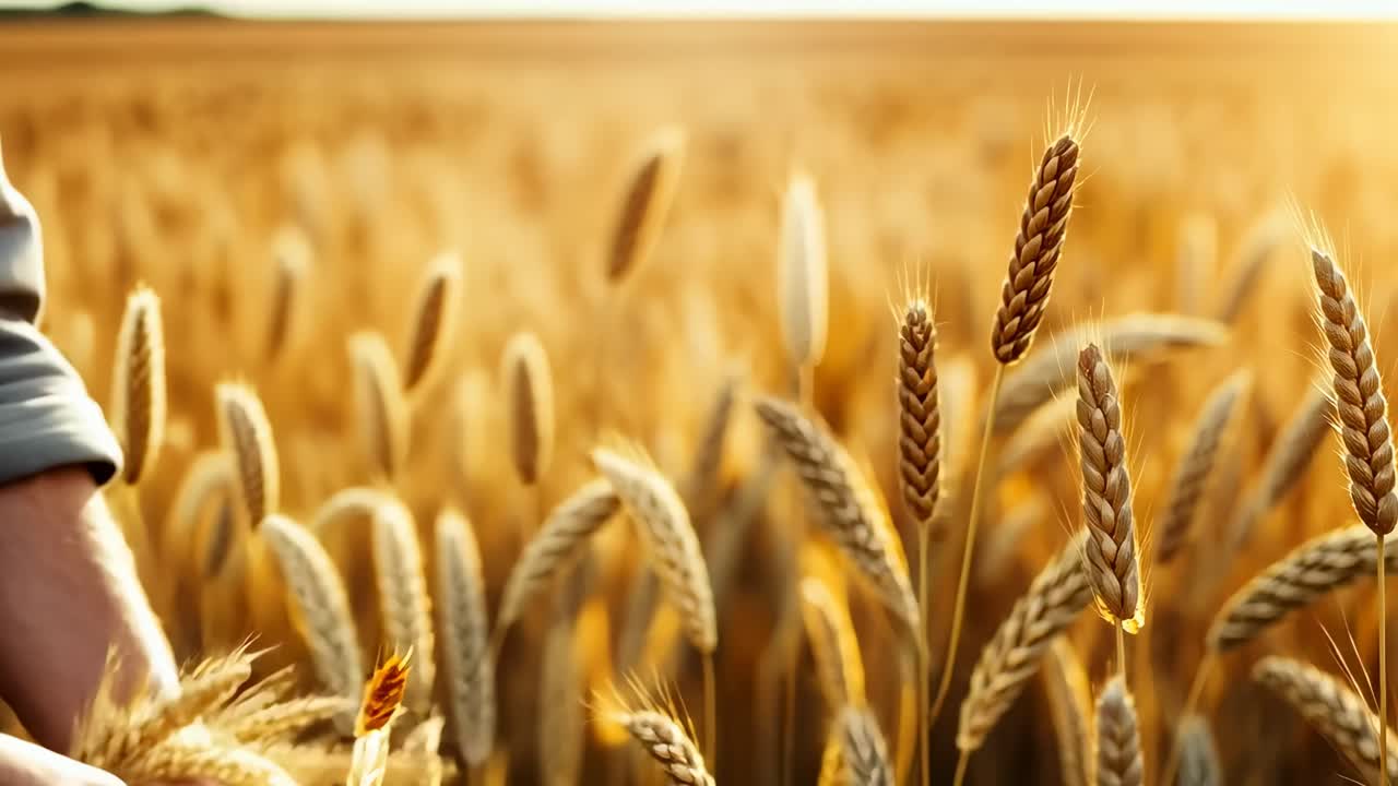 Close-up video of golden wheat field at sunset, capturing the serene beauty of nature