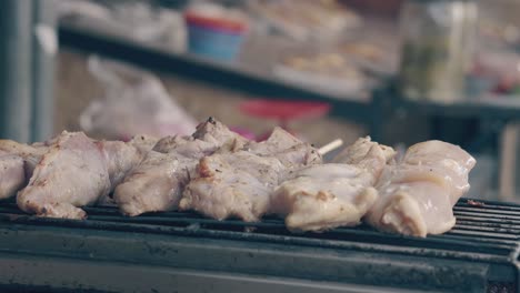 pollo shashlik fritando en barbacoa eléctrica en la calle