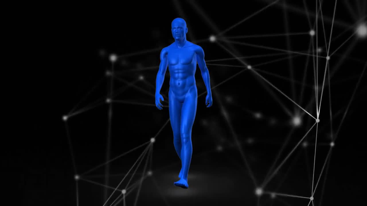 animación digital de un modelo de cuerpo humano caminando contra una red de conexiones sobre un fondo negro