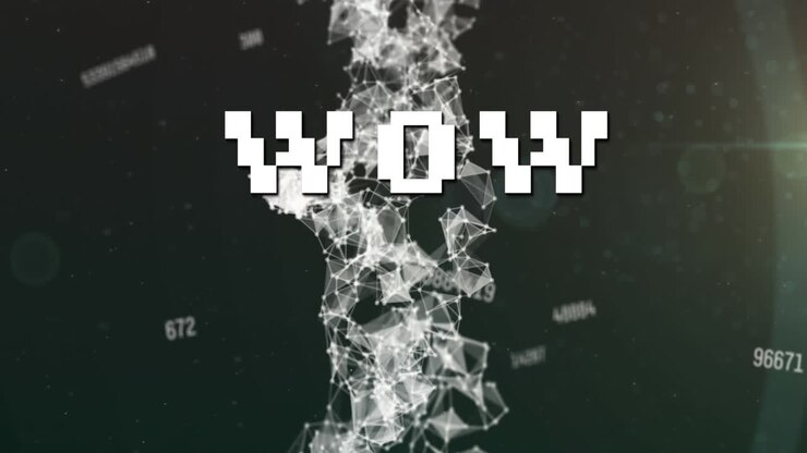 Animation of wow text over data processing and network of connections
