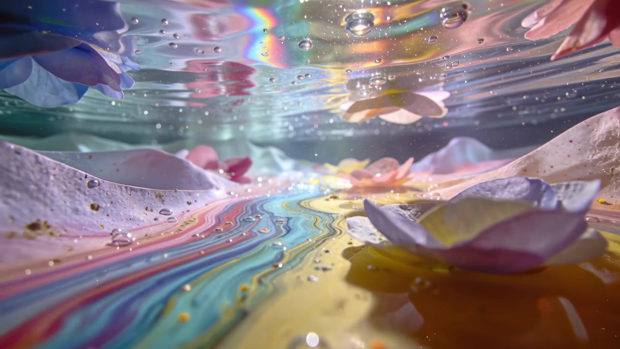 Advancing camera revealing pastel petals on marbled stream in tray, to reveal midground petals