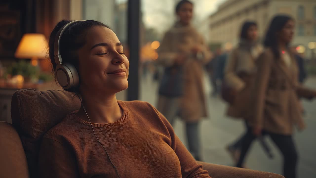 Mulher relaxada ouvindo uma música com fones de ouvido com fio em uma cadeira perto da janela, usando um suéter marrom