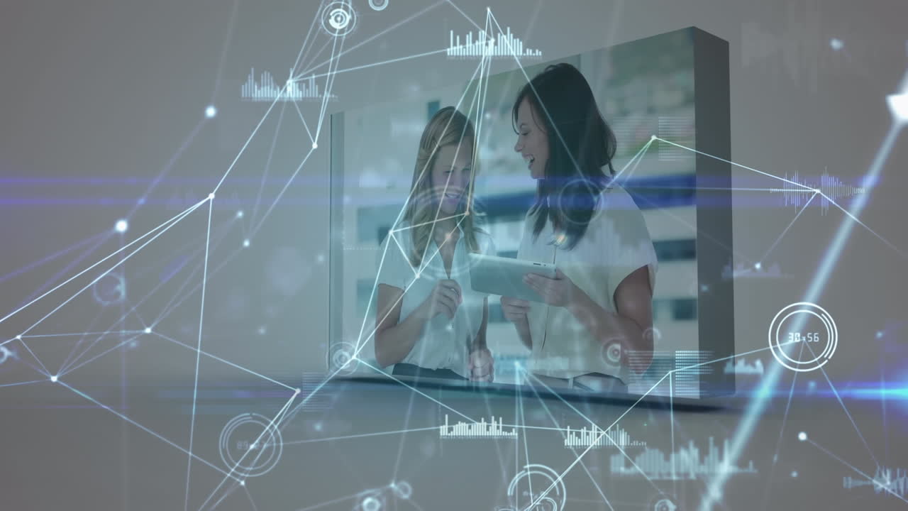 animación de puntos conectados con puntos, gráficos sobre compañeros de trabajo aplaudiendo, hablando y usando tecnología