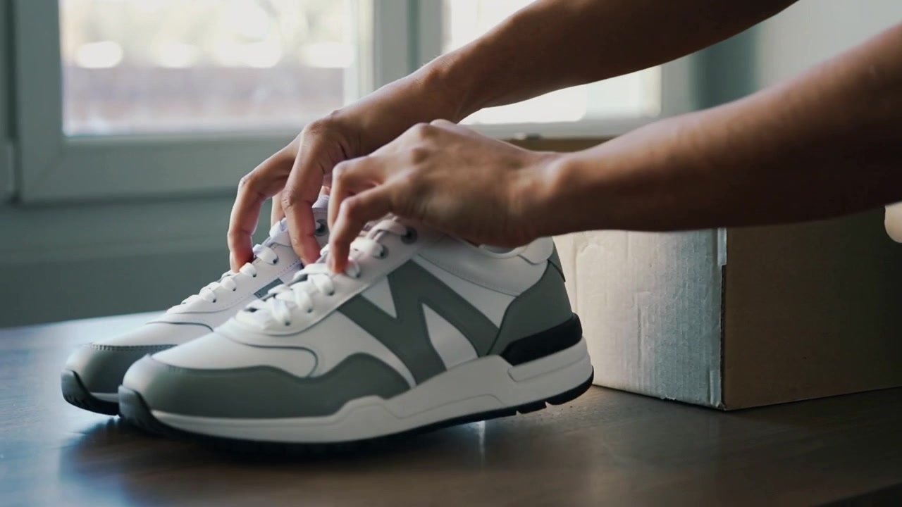 Aprendo una scatola di cartone, un uomo con una camicia scura a maniche corte solleva scarpe da ginnastica grigie a casa, lisciando i lacci