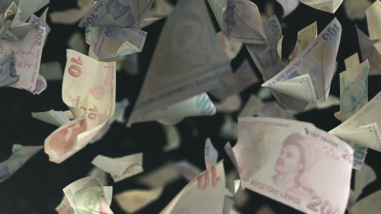 터키 리라 지폐가 떨어지는 4k 루프
