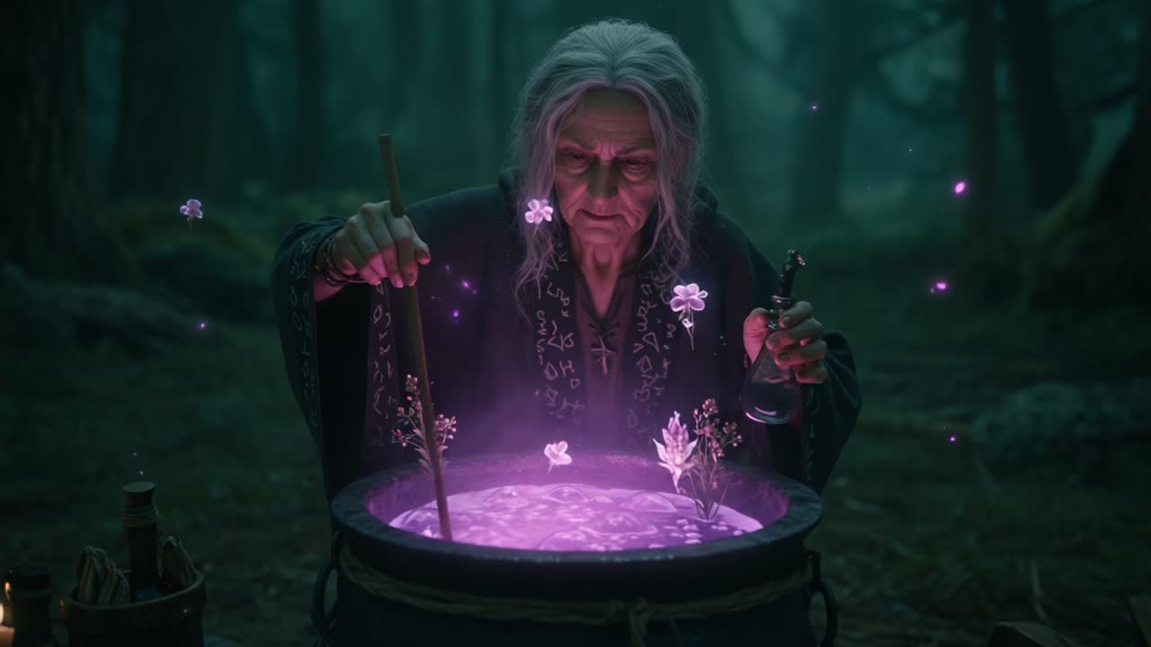 An Enigmatic Witch Stirring a Magical Potion in a Mystical Forest, Surrounded by Enchanting Flora and Fauna Amidst an Air of Mystery and Intrigue