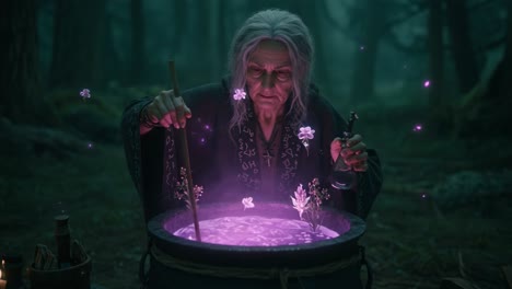 an enigmatic witch stirring a magical potion in a mystical forest, surrounded by enchanting flora and fauna amidst an air of mystery and intrigue