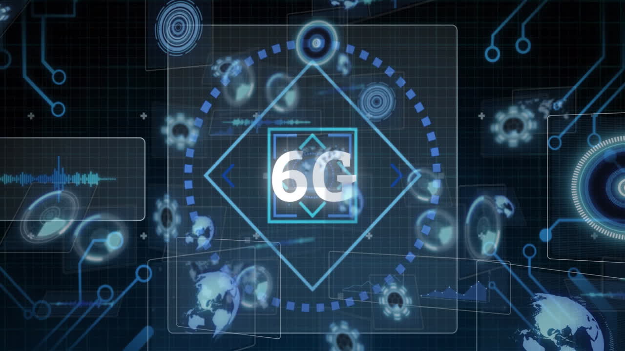 Animation showing futuristic 6G technology with digital data and network connections