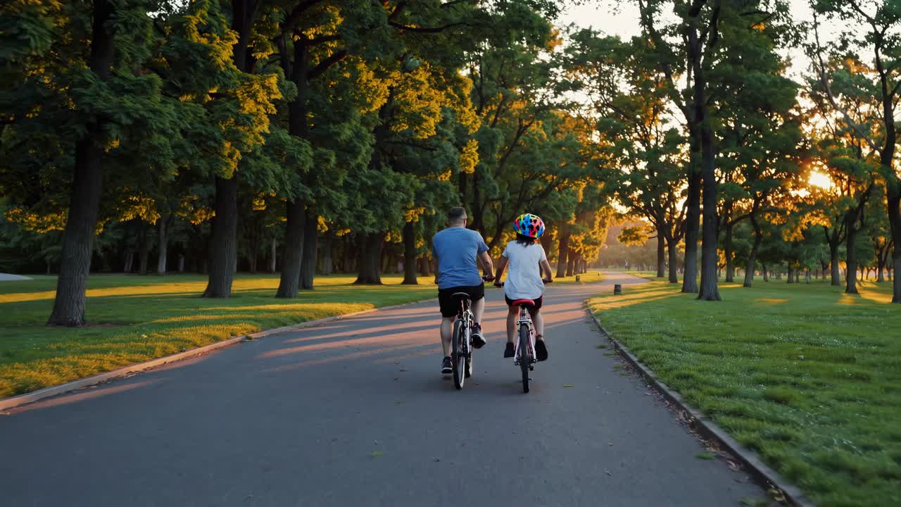 A video captures a rear view of two cyclists on a tree-lined path at sunset, showcasing a peaceful