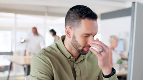 Businessman,-headache-and-tired-at-office-desk