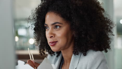 fast food, smile and computer with a business