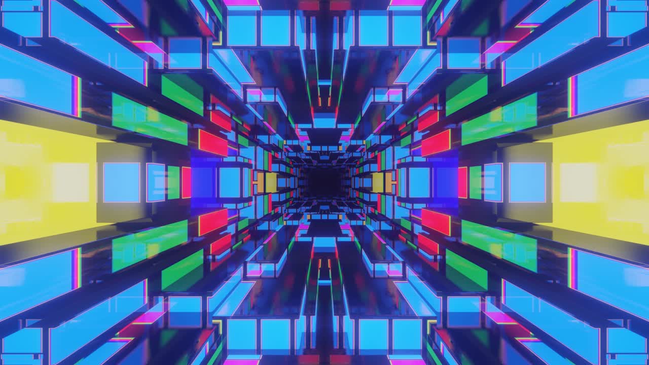 animación en bucle sin costuras de 4k. vuela a través de un túnel simétrico de espejo con patrón de neón, patrón de brillo de ciencia ficción. luz de neón de reflexión brillante. fondo brillante simple, estructura de ciencia ficción