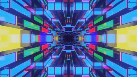 animación en bucle sin costuras de 4k. vuela a través de un túnel simétrico de espejo con patrón de neón, patrón de brillo de ciencia ficción. luz de neón de reflexión brillante. fondo brillante simple, estructura de ciencia ficción