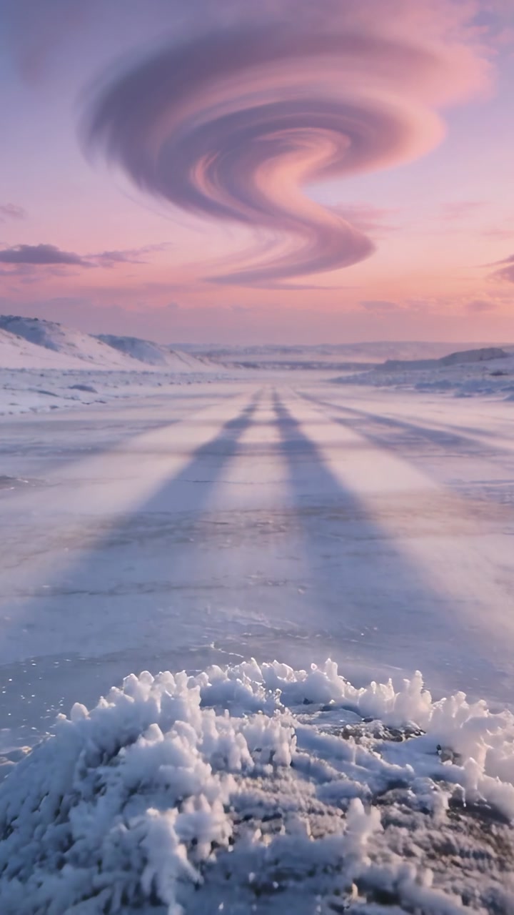 Vertical video: Pulling back camera revealing frosted rock on frozen plain, to reveal spiral cloud