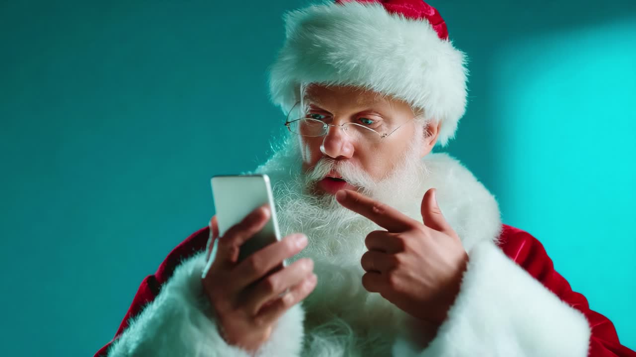 Santa Claus Looks Surprised While Using a Smartphone, Capturing a Moment of Modern Technology Interacting with Christmas Cheer and Holiday Spirit, Perfect for the Festive Season