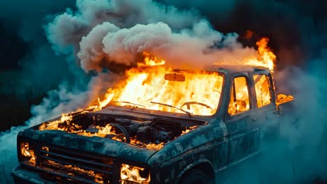 a burnt out truck is engulfed by flames in a field