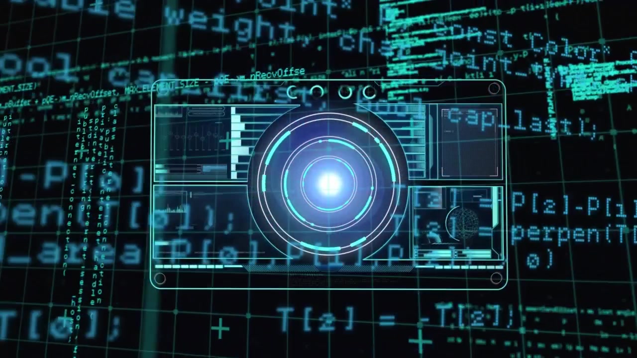Digital Interface with Glowing Lens and Scrolling Programming Code
