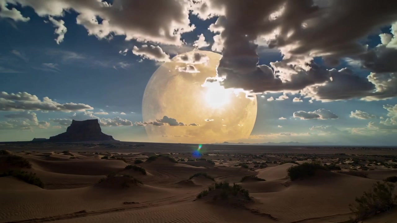 Glowing orb casting shifting light across desert dunes and shrubs, wind-driven clouds drifting