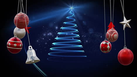 animation of christmas baubles decorations over christmas tree