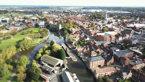 newark on trent aerial footage of river lock and town high point of view