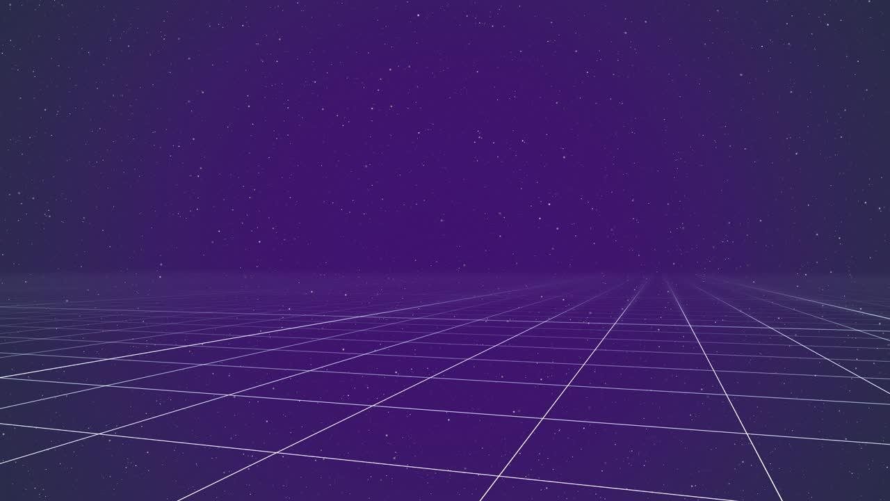 Retro futuristic backdrop animation: traveling on a glowing wireframe grid over a starry purple sky, swinging motion