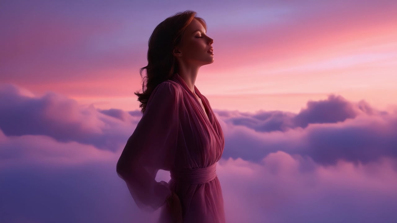 Una donna serena con un abito svolazzante in piedi tra nuvole soffici sotto un bellissimo cielo pastello al tramonto, evocando calma e bellezza riflessiva nei sogni