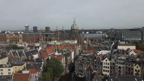 Drone-shot-of-The-Basilica-of-Saint-Nicholas-surrounded-by-buildings-and-apartments-of-Amsterdam-city-and-a-canal-in-The-Netherlands