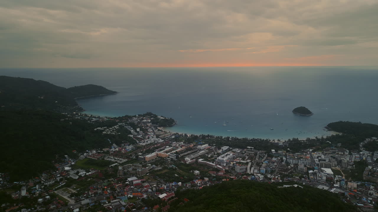 Aerial View of a Tropical Coastal Town at Sunset