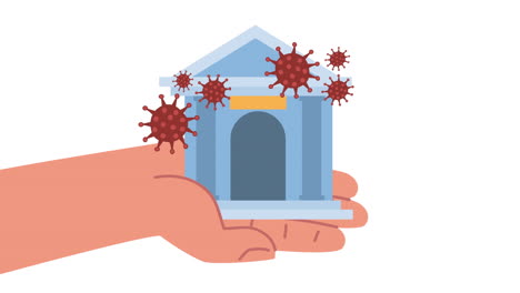 small bank building with viruses in hand