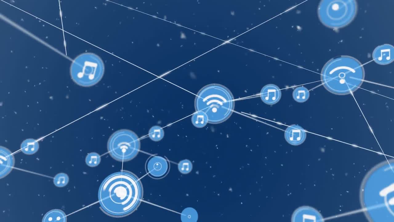 animación de iconos conectados con líneas sobre nevadas contra un fondo azul