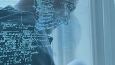 animation of data processing and globe over man using smartphone