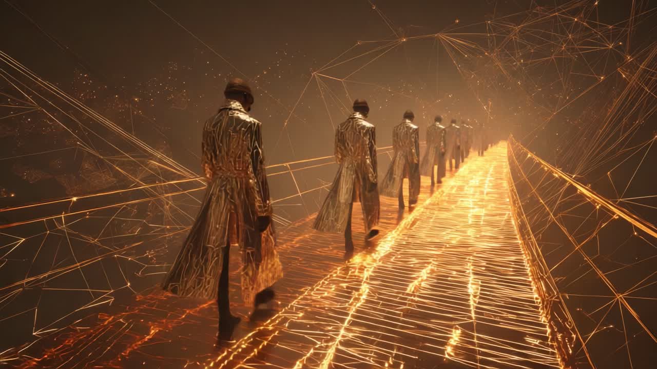 Figures walking on a digital bridge