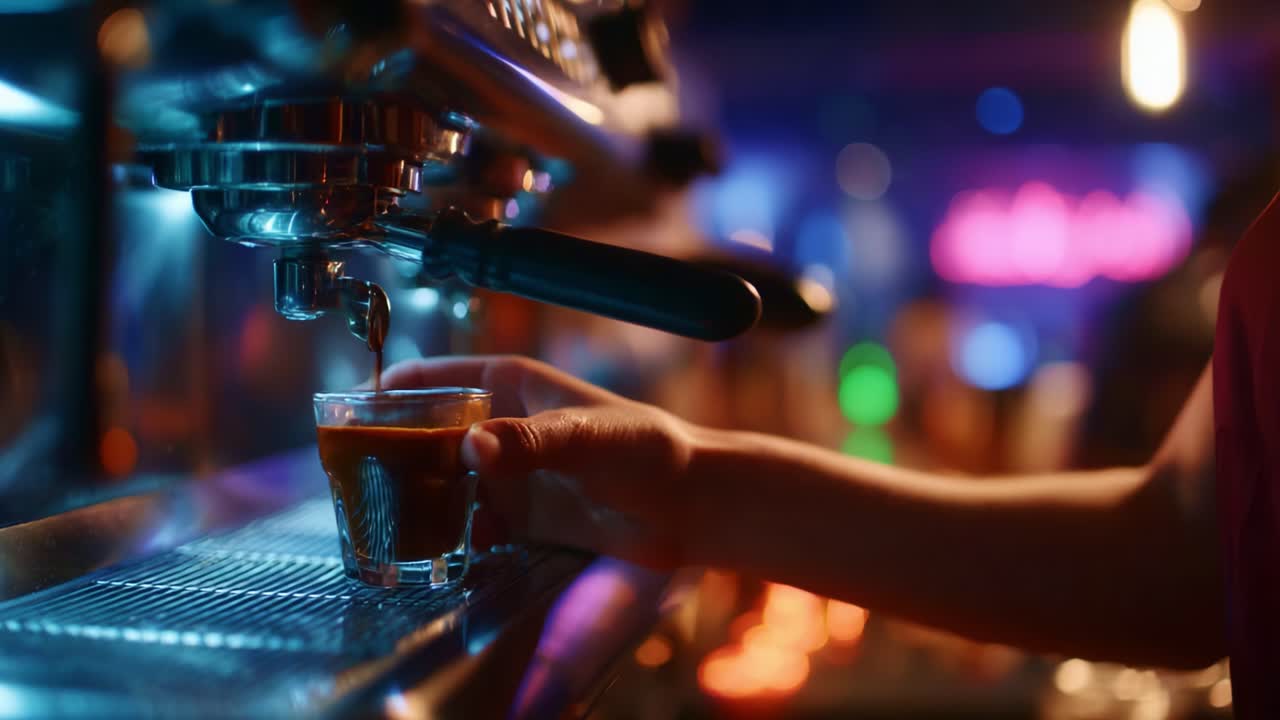 Crafting the Perfect Espresso Shot: A Barista's Expertise in Every Pour Captured in These Two Frames of Coffee Brewing Process with Rich Aroma and Flavor
