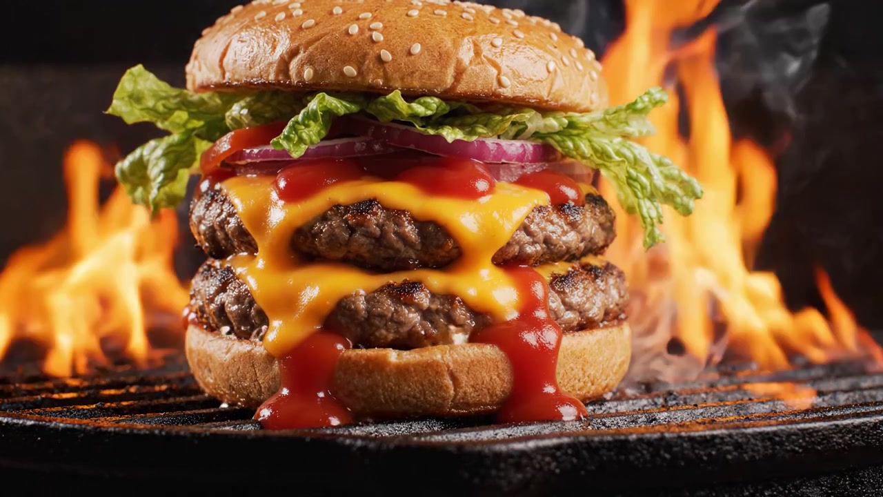 Hamburger gourmet da acquolina in bocca: una delizia a triplo strato con cheddar fuso, verdure fresche e salse saporite su uno sfondo di griglia infuocata.