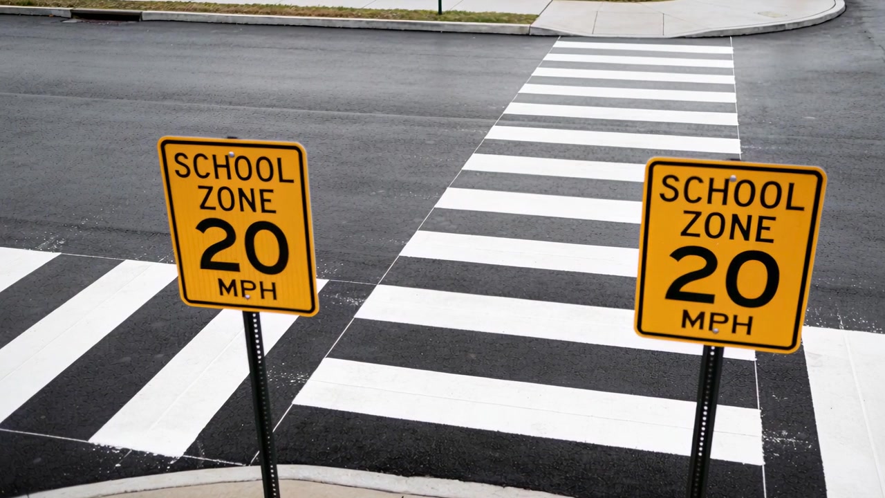 Grabación de señales amarillas de ZONA ESCOLAR 20 MPH que se desplazan durante el paneo de la cámara, capturando un paso de cebra.