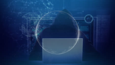 Animation of globe and data processing over hacker with laptop
