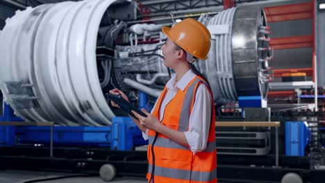 female engineer inspecting large engine