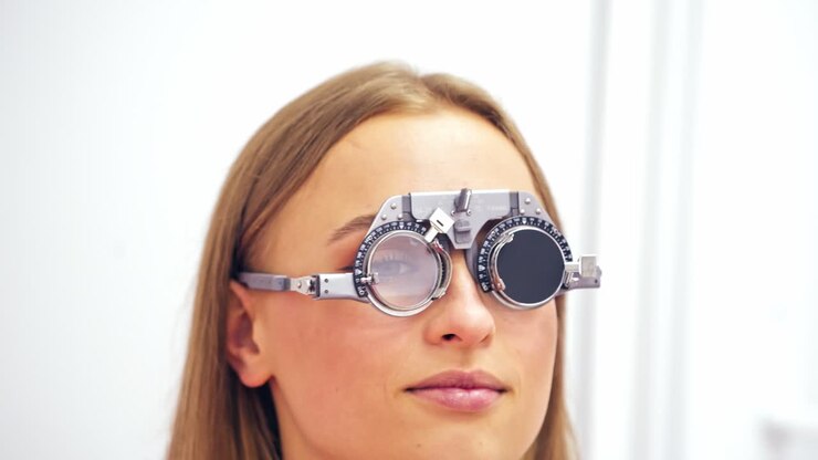 Woman on eyesight test. Woman checks eyesight in clinician oculist