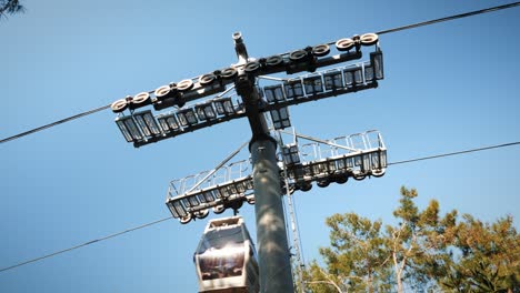 torre de soporte de teleférico con mecanismo y engranajes de teleféricos. ruedas dentadas girando y moviendo el cable con cabinas. ascensor de cable en las montañas