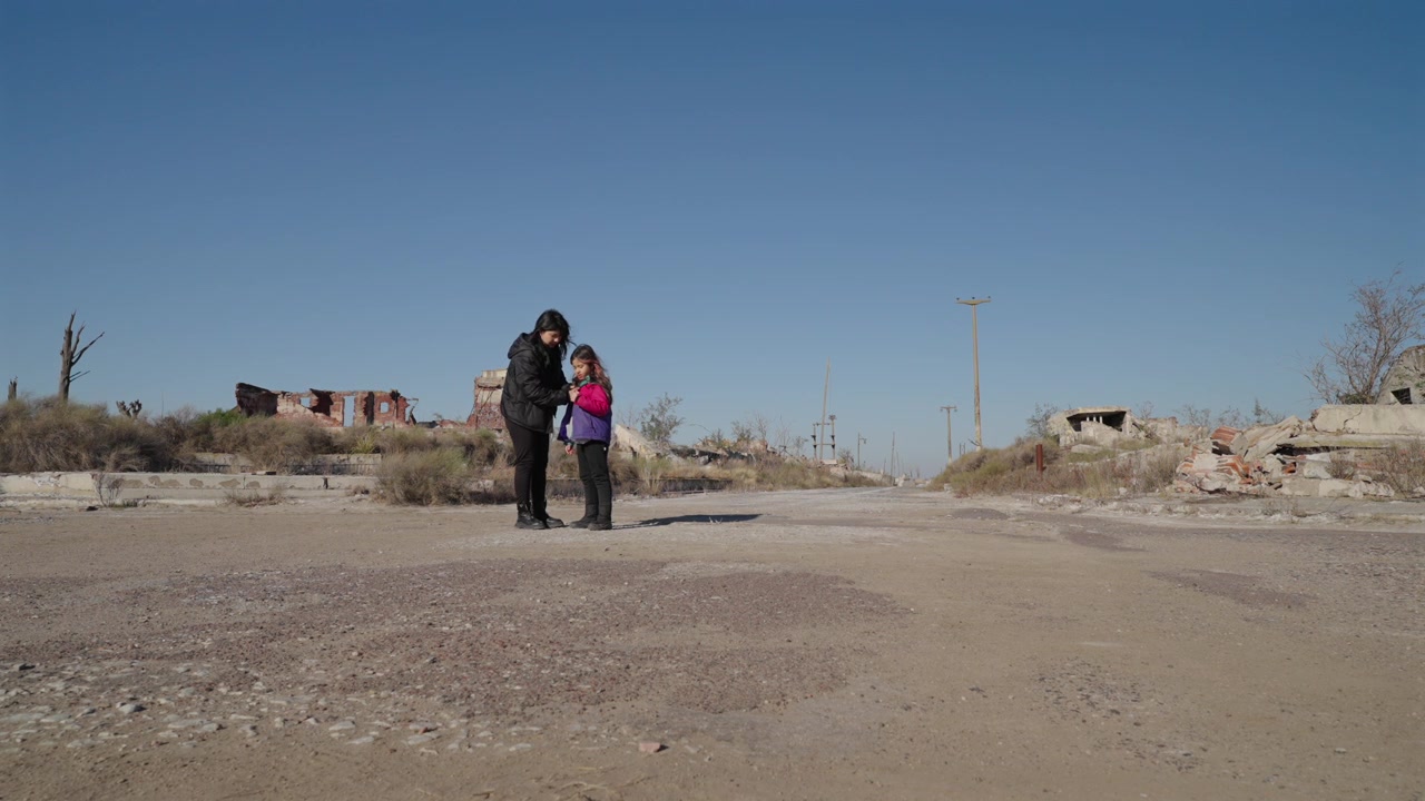 Madre ajustando la chaqueta de su hija en las ruinas del pueblo abandonado de Villa Epecuén, Argentina.
