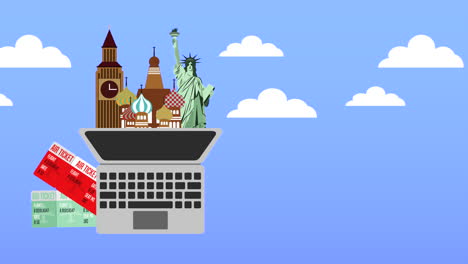 vacaciones de tiempo con computadora portátil y monumentos mundiales