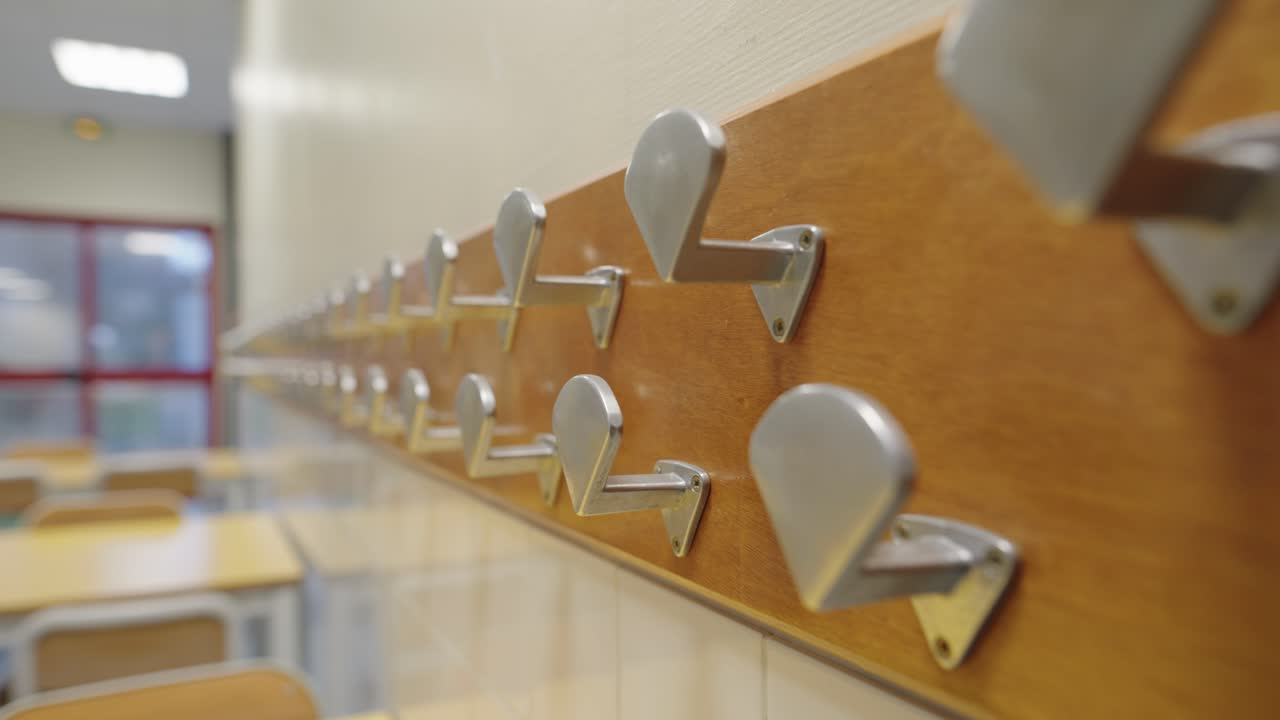 Hangers anchored to the wall of a children's school
