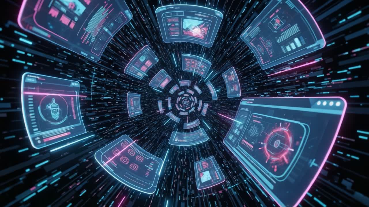 Futuristic Digital Data Stream Visualizing Intense Information Flow Through Interactive Holographic Panels in a Virtual Cyber Environment