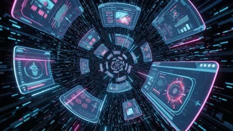 futuristic digital data stream visualizing intense information flow through interactive holographic panels in a virtual cyber environment