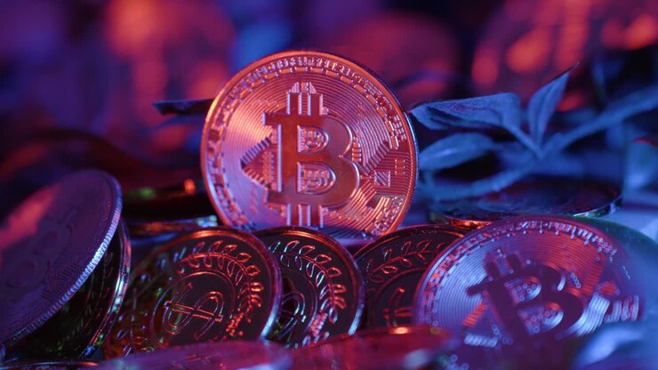Vista di un Bitcoin, monete colorate che riflettono luce rossa, che rappresentano la natura vibrante e in continua evoluzione delle criptovalute e dell'economia digitale
