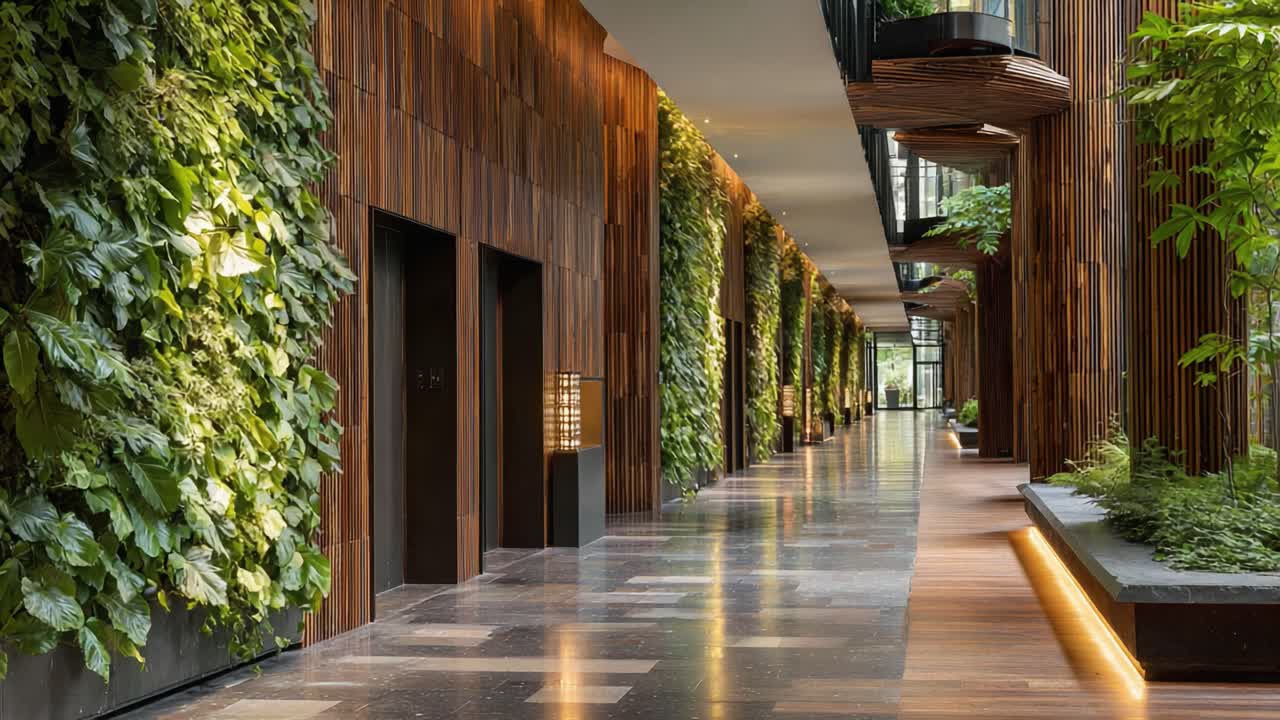 A Serene and Modern Indoor Corridor Featuring Lush Greenery on Walls, Stylish Lighting, and Natural Wood Elements Creating a Tranquil Atmosphere of Elegance
