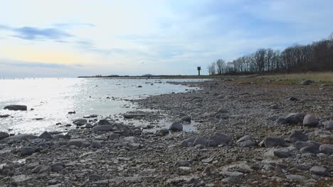 gorgeous rocky beach shoreline during a sunny evening or morning time in puhtulaid where baltic ocean sea water waves and ripples are coming to the shoreline. birdwatching tower, bare leafless trees.
