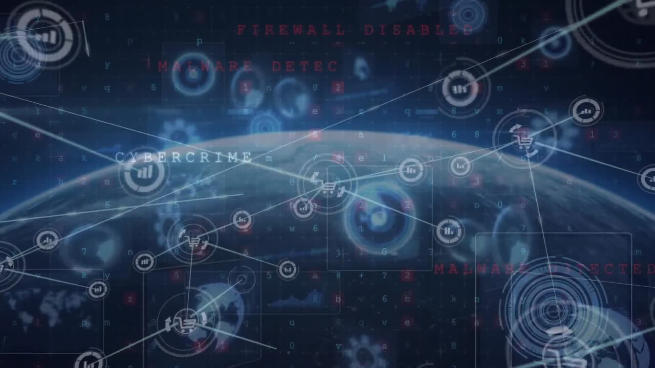 Animation of network of digital icons, round scanners, cyber security data processing against globe