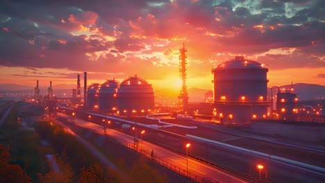 industrial complex with storage tanks at sunset
